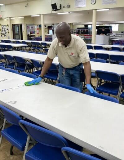 School Janitor Sanitizing Tables